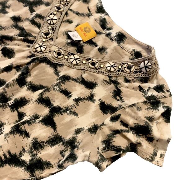 Ruby Rd Blouse Small Women Beige Black Artsy Embellished V-Neck BohoChic Summer - Picture 3 of 14